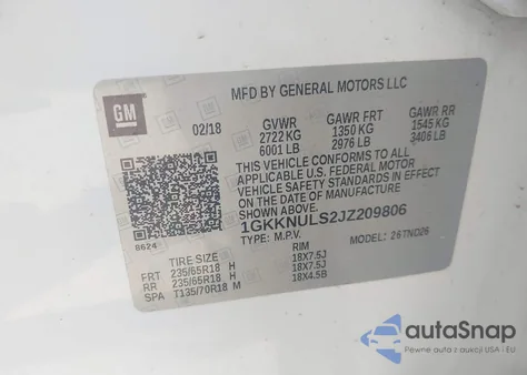2018 GMC Acadia Slt-1 z USA, uszkodzony, nr VIN 1GKKNULS2JZ209806